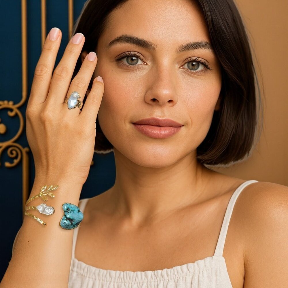 Boho Artisan Jewelry Set 18K Gold Plated Genuine Turquoise Baroque‎ Pearls - Picture 3 of 14